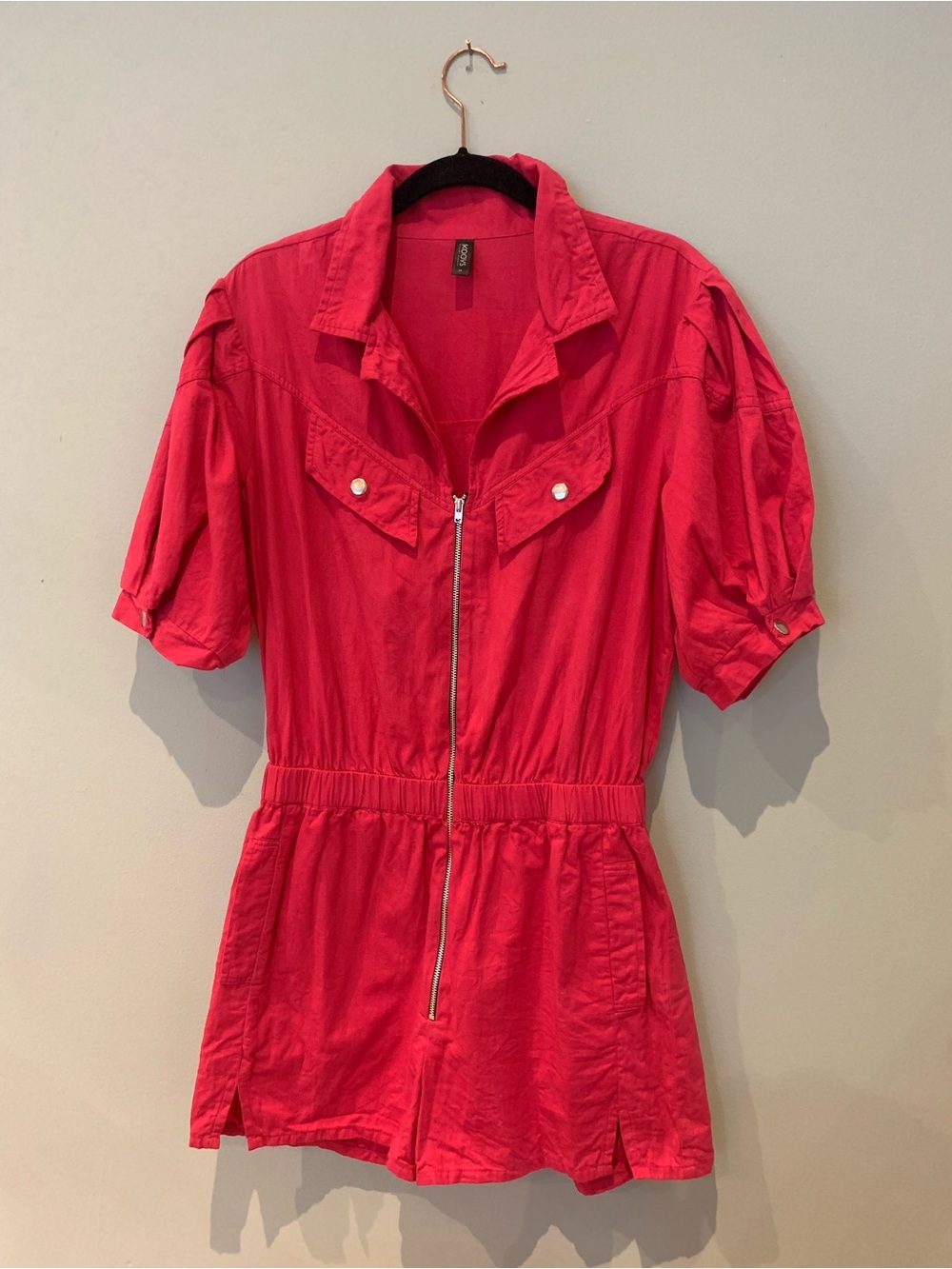 Bright Pink Short-Sleeve Zip-Front Women's Jumpsuit